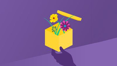 Illustration: Hand hält Paket mit Blumen darin