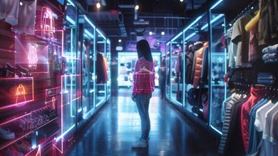 Une femme utilise la réalité virtuelle dans un magasin futuriste.