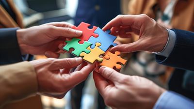 Les hommes d’affaires assemblent des pièces de puzzle de différentes couleurs