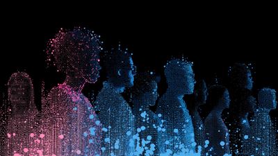 Illustration de personnages humains numériques à partir de particules et de traces lumineuses